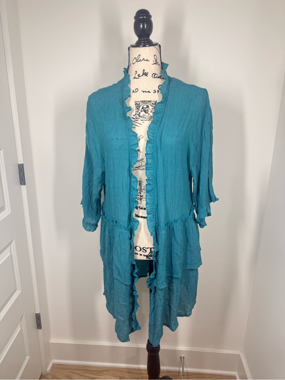 easel Los Angeles Teal Semi Sheer Ruffled Tiered Open-Front Cardigan Tencel Med